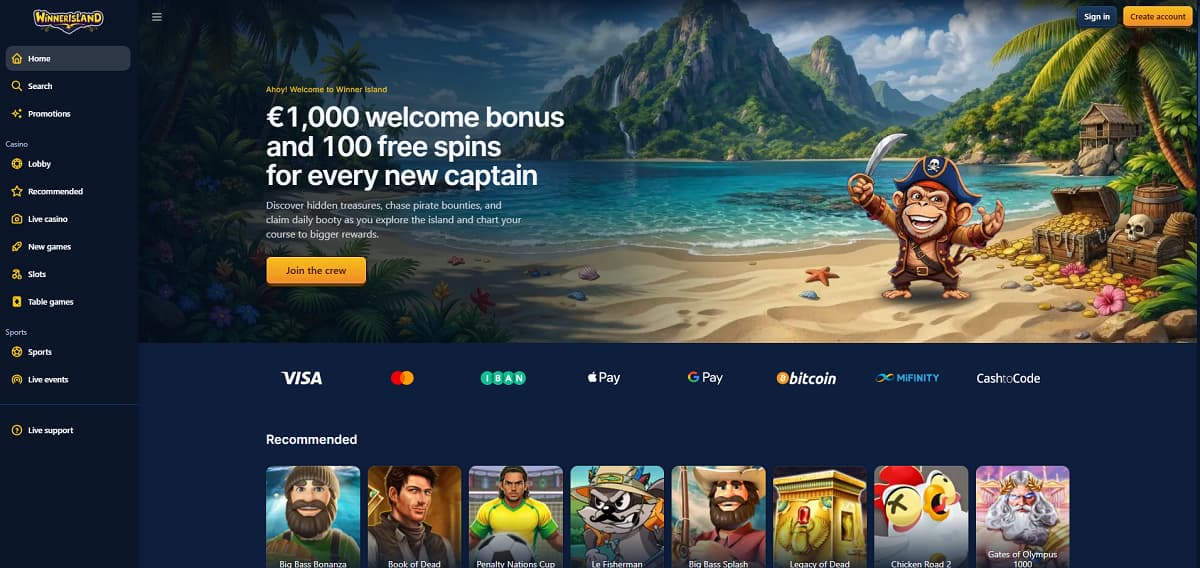Winner Island Startseite mit tropischem Piraten-Design. Banner bewirbt 1.000 € Bonus plus 100 Freispiele für neue Spieler. Szene zeigt Piratenaffen mit Schatztruhe auf Strandinsel. Navigation umfasst Casino, Sportwetten und Promotionen, dazu Spiele wie Big Bass Bonanza, Book of Dead und Gates of Olympus.